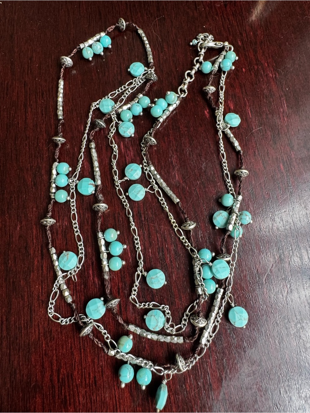 Lucky Brand Silver-Tone Turquoise Bead Multi-Strand Necklace | Boho | 15”